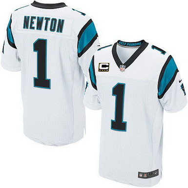 Nike Carolina Panthers #1 Cam Newton White C Patch Elite Jersey