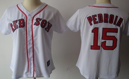 Boston Red Sox #15 Dustin Pedroia White With Red Womens Jersey 