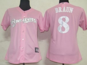 Milwaukee Brewers #8 Braun Pink With White Womens Jersey 