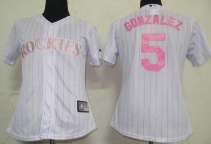 Colorado Rockies #5 Gonzalez White With Pink Pinstripe Womens Jersey 