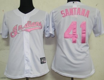 Cleveland Indians #41 Santana White With Pink Womens Jersey 