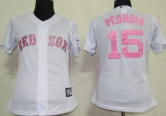 Boston Red Sox #15 Dustin Pedroia White With Pink Womens Jersey 