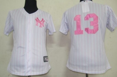 New York Yankees #13 Rodriguez White With Pink Pinstripe Womens Jersey