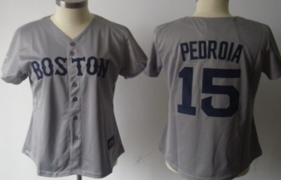 Boston Red Sox #15 Dustin Pedroia Gray Womens Jersey 