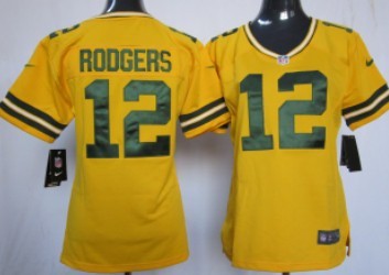 Nike Green Bay Packers #12 Aaron Rodgers Yellow Game Womens Jersey