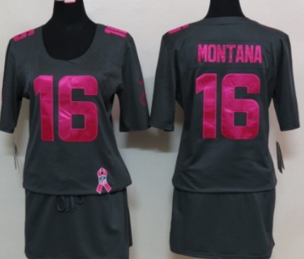 Nike San Francisco 49ers #16 Joe Montana Breast Cancer Awareness Gray Womens Jersey 