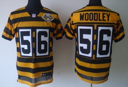 Nike Pittsburgh Steelers #56 LaMarr Woodley Yellow With Black Throwback 80TH Jersey 