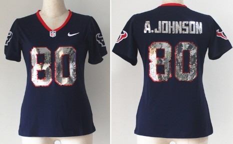 Nike Houston Texans #80 Andre Johnson Handwork Sequin Lettering Fashion Blue Womens Jersey 