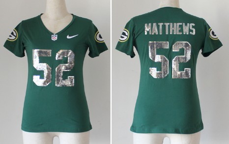 Nike Green Bay Packers #52 Clay Matthews Handwork Sequin Lettering Fashion Green Womens Jersey