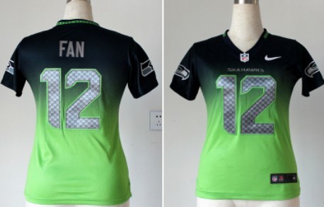 Nike Seattle Seahawks #12 Fan Navy Blue/Green Fadeaway Womens Jersey 