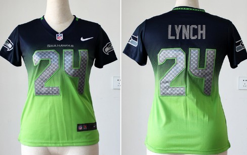 Nike Seattle Seahawks #24 Marshawn Lynch Navy Blue/Green Fadeaway Womens Jersey 