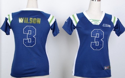 Nike Seattle Seahawks #3 Russell Wilson Drilling Sequins Blue Womens Jersey