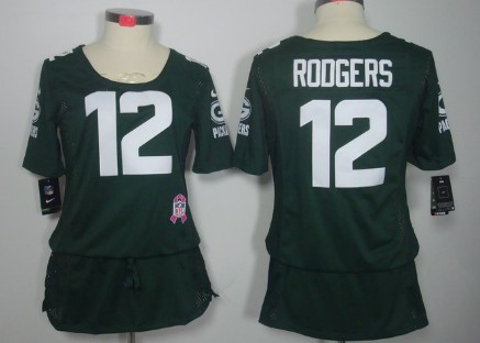 Nike Green Bay Packers #12 Aaron Rodgers Breast Cancer Awareness Green Womens Jersey 