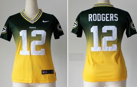 Nike Green Bay Packers #12 Aaron Rodgers Green/Yellow Fadeaway Womens Jersey 