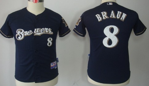 Milwaukee Brewers #8 Ryan Braun Navy Blue Kids Jersey 