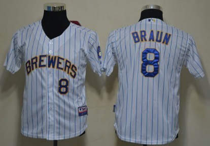 Milwaukee Brewers #8 Ryan Braun White Pinstripe Kids Jersey 