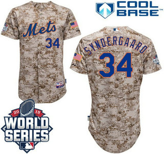 New York Mets Authentic #34 Noah Syndergaard Camo Jersey with 2015 World Series Patch