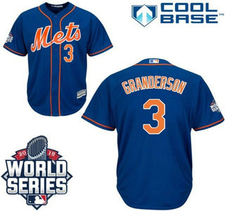 New York Mets Authentic #3 Curtis Granderson Blue With Orange 2015 World Series Patch Jersey