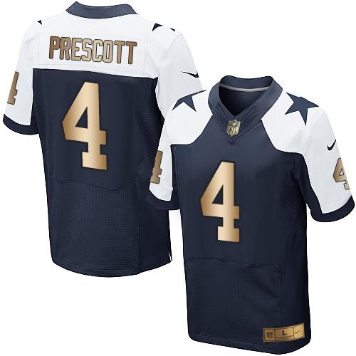 Nike Cowboys #4 Dak Prescott Navy Blue Thanksgiving Throwback Men's Stitched NFL Elite Gold Jersey