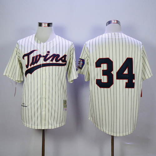 Men's Minnesota Twins #34 Kirby Puckett Retired 1969 Cream Pinstirpe Mitchell & Ness Throwback Jersey