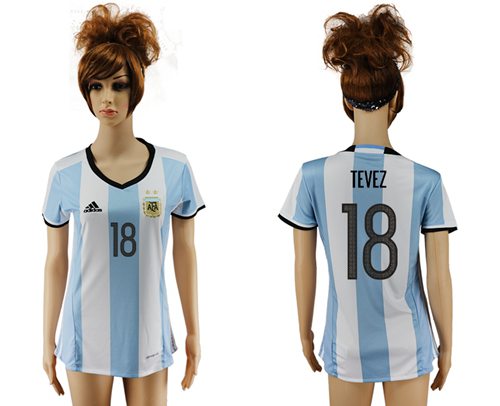 Women's Argentina #18 Tevez Home Soccer Country Jersey