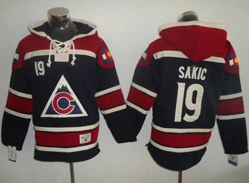 Avalanche #19 Joe Sakic Navy Blue Sawyer Hooded Sweatshirt Stitched NHL Jersey