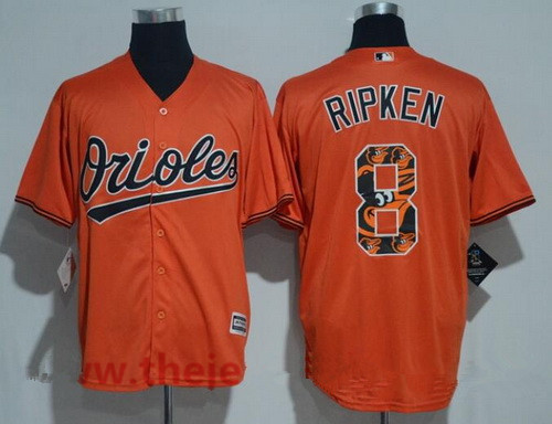 Men's Baltimore Orioles #8 Cal Ripken Retired Orange Team Logo Ornamented Stitched MLB Majestic Cool Base Jersey