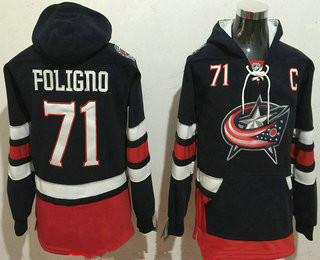 Men's Columbus Blue Jackets #71 Nick Foligno NEW Navy Blue Home Stitched NHL Old Tim Hockey Hoodie