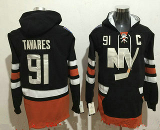 Men's New York Islanders #91 John Tavares NEW Black Stitched NHL Old Tim Hockey Hoodie