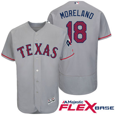 Men's Texas Rangers #18 Mitch Moreland Gray Stars & Stripes Fashion Independence Day Stitched MLB Majestic Flex Base Jersey