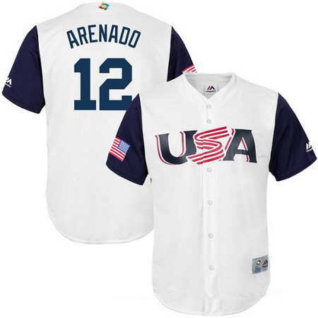 Men's Team USA Baseball Majestic #12 Nolan Arenado White 2017 World Baseball Classic Stitched Replica Jersey