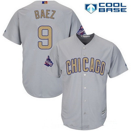 Men's Chicago Cubs #9 Javier Baez Gray World Series Champions Gold Stitched MLB Majestic 2017 Cool Base Jersey