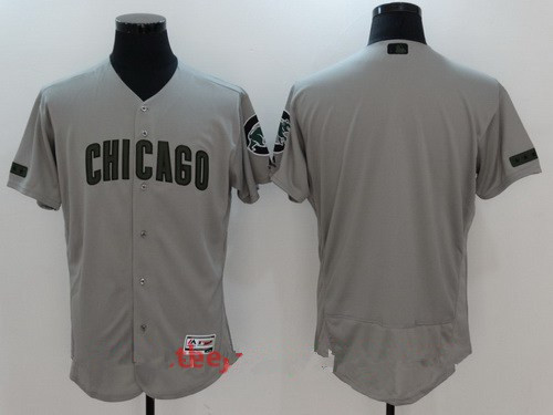 Men's Chicago Cubs Blank Gray With Green Memorial Day Stitched MLB Majestic Flex Base Jersey