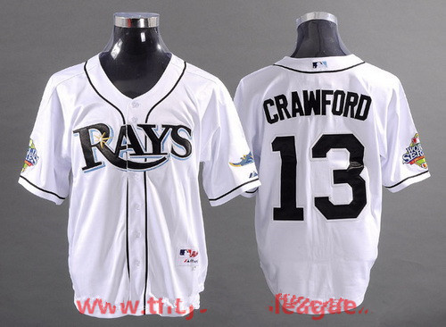 Men's Tampa Bay Rays #13 Carl Crawford White 2008 World Series Patch Stitched MLB Collection Jersey