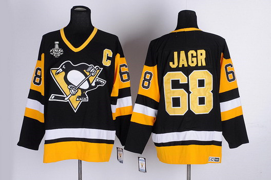 Men's Pittsburgh Penguins #68 Jaromir Jagr Retired Black Throwback CCM 2017 Stanley Cup NHL Finals C Patch Jersey