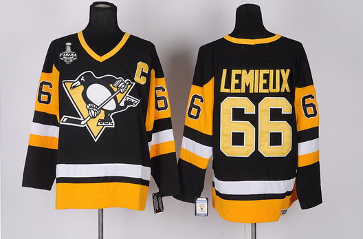 Men's Pittsburgh Penguins #66 Mario Lemieux Retired Black Throwback CCM 2017 Stanley Cup NHL Finals C Patch Jersey