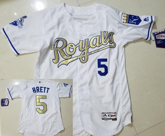 Men's Kansas City Royals #5 George Brett Retired White World Series Champions Gold Program Flex Base Jersey