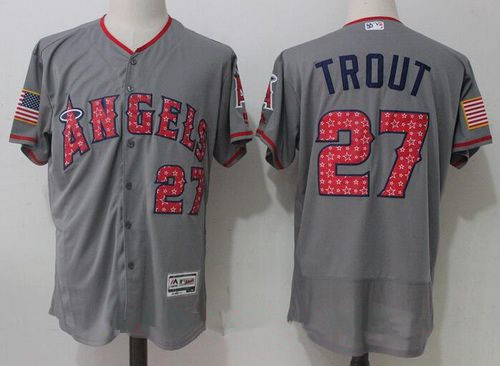 Men's Los Angeles Angels Of Anaheim #27 Mike Trout Gray 2017 Stars & Stripes Stitched MLB Majestic Flex Base Jersey