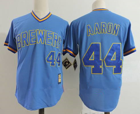 Men's Milwaukee Brewers #44 Hank Aaron Light Blue Pullover Throwback Cooperstown Collection Stitched MLB Mitchell & Ness Jersey