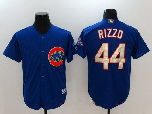 Men's Chicago Cubs #44 Anthony Rizzo Royal Blue World Series Champions Gold Stitched MLB Majestic 2017 Cool Base Jersey