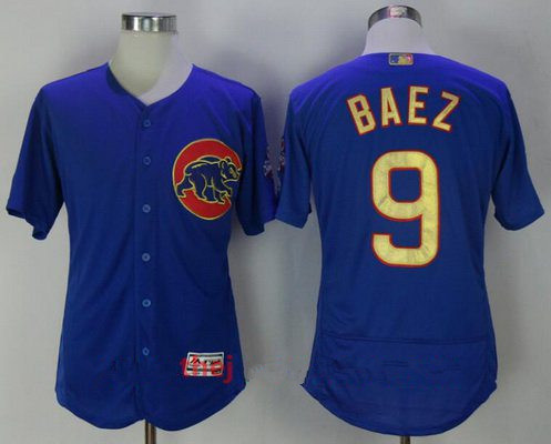 Men's Chicago Cubs #9 Javier Baez Royal Blue World Series Champions Gold Stitched MLB Majestic 2017 Flex Base Jersey