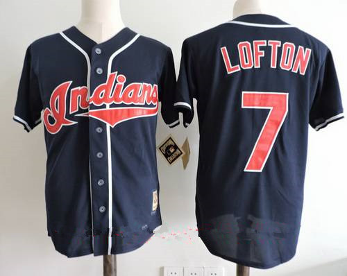 Men's Cleveland Indians #7 Kenny Lofton Navy Blue Throwback 1995 World Series Patch Stitched MLB Cooperstown Collection Jersey