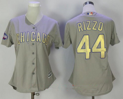 Women's Chicago Cubs #44 Anthony Rizzo Gray World Series Champions Gold Stitched MLB Majestic 2017 Cool Base Jersey