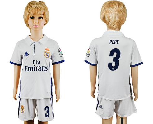 2016-17 Real Madrid #3 PEPE Home Soccer Youth White Shirt Kit