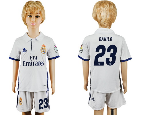 2016-17 Real Madrid #23 DANILO Home Soccer Youth White Shirt Kit