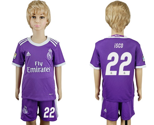 2016-17 Real Madrid #22 ISCO Away Soccer Youth Purple Shirt Kit