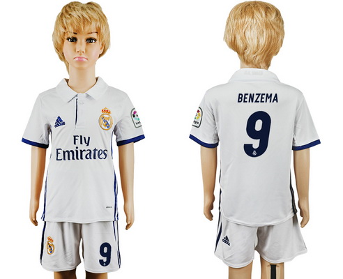 2016-17 Real Madrid #9 BENZEMA Home Soccer Youth White Shirt Kit