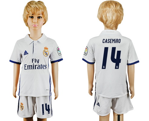 2016-17 Real Madrid #14 CASEMIRO Home Soccer Youth White Shirt Kit