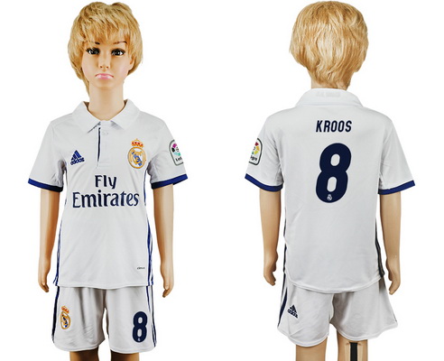 2016-17 Real Madrid #8 KROOS Home Soccer Youth White Shirt Kit