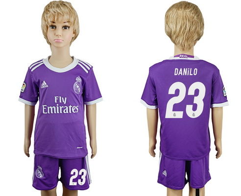 2016-17 Real Madrid #23 DANILO Away Soccer Youth Purple Shirt Kit